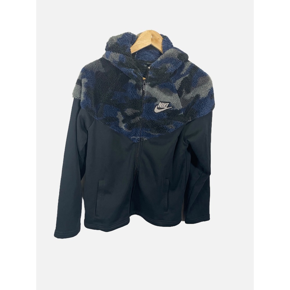 Nike Windrunner Jacket Kids XL Black Blue Camo Faux Fur Sherpa Hoodie CU8942-010